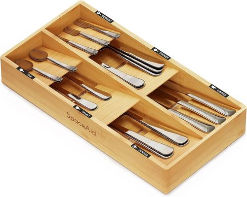 Organizzatore cassetto argento con scatola di legno semplice 6 slot porta vassoio di bambù in naturale