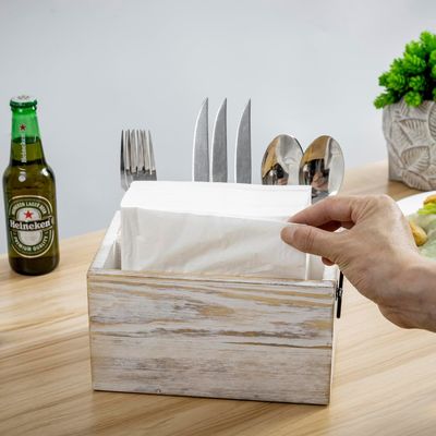 Rack non pieghevole per utensili e tovaglioli Manicotti in metallo nero in legno massello bianco lavato