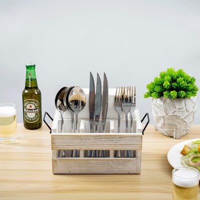 Rack non pieghevole per utensili e tovaglioli Manicotti in metallo nero in legno massello bianco lavato