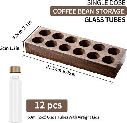 Contenitore per il deposito di chicchi di caffè in legno versatile con tubo per singola dose e supporto per portacaffè