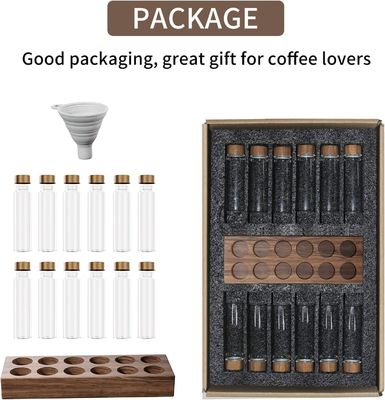 Contenitore per il deposito di chicchi di caffè in legno versatile con tubo per singola dose e supporto per portacaffè