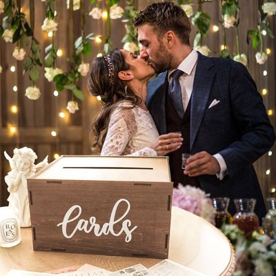 Scatola di biglietti di nozze per ricevimento Busta di legno marrone Scatola di soldi Stampa laser incisione