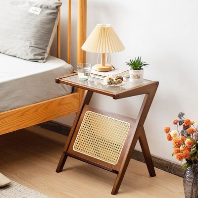 Arredamento per la casa Moderno Rattan Tessuto Tavolo da caffè Vetro angolo del tavolo da letto