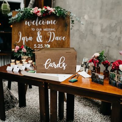 Scatola di biglietti di nozze per ricevimento Busta di legno marrone Scatola di soldi Stampa laser incisione