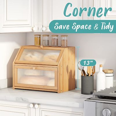 Scatola di immagazzinamento del pane a porta ondulata acrilica doppio strato Disegno in legno di bambù per il bancone della cucina