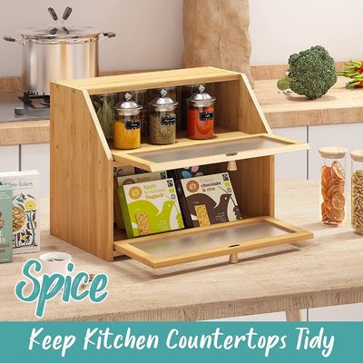 Scatola di immagazzinamento del pane a porta ondulata acrilica doppio strato Disegno in legno di bambù per il bancone della cucina