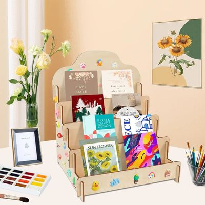 Dimensioni personalizzate di legno massello 4 livelli di visualizzazione Stand per biglietti di auguri Adesivi e cartoline