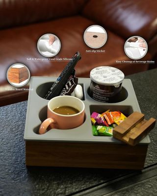 Logo personalizzato Soft Silicone Acacia Divano di Legno Caddy per snack bevande telecomando