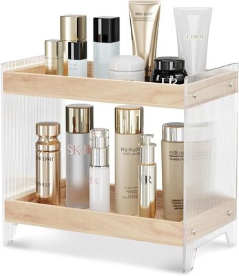 Organizzatore di profumi non pieghevole con vassoio di legno e scaffale di cosmetici acrilici