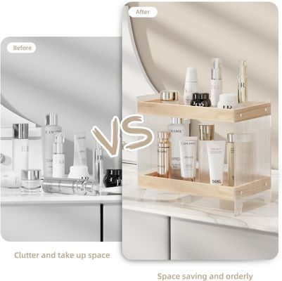 Organizzatore di profumi non pieghevole con vassoio di legno e scaffale di cosmetici acrilici