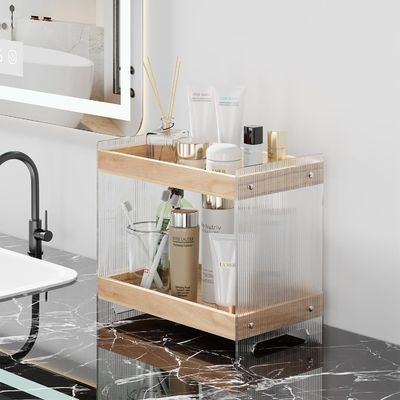 Organizzatore di profumi non pieghevole con vassoio di legno e scaffale di cosmetici acrilici