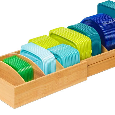 Organizzatore di contenitori per la conservazione degli alimenti in bambù in legno espandibile da 13 a 27 pollici per cucina OEM