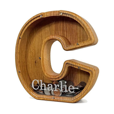 Requisito del cliente Lettere inglesi in legno creativo Piggy Bank con vetro trasparente
