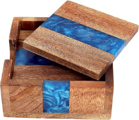 Moderno Ocean Blue Epoxy Wood Resin Coaster Con Portante La scelta perfetta per ogni casa