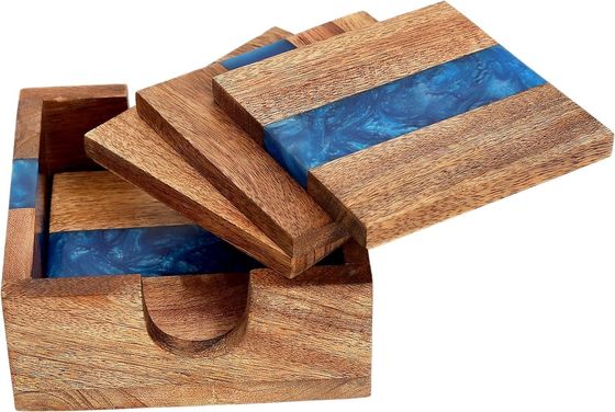 Moderno Ocean Blue Epoxy Wood Resin Coaster Con Portante La scelta perfetta per ogni casa