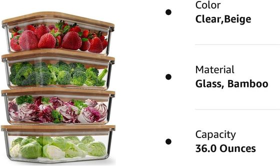 Contenitori di 4 pacchetti di vetro per la conservazione degli alimenti con coperchi in bambù