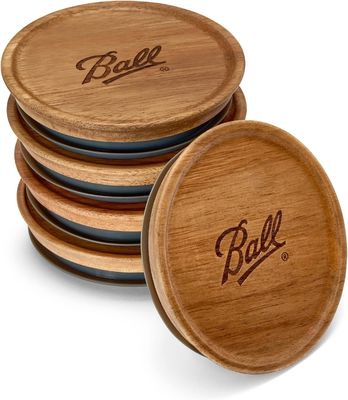 Non Spill Custom Size Logo 5-Pack Wide Brown Acacia Wood Ball Jar Coperture di stoccaggio in legno