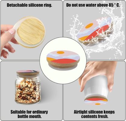 8 Anelli di sigillamento in silicone con disegni colorati di boho e coperchi di bambù