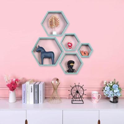 In legno Farmhouse Storage Honeycomb Wall Shelf Set montato a parete 5 Shelves galleggianti esagonali