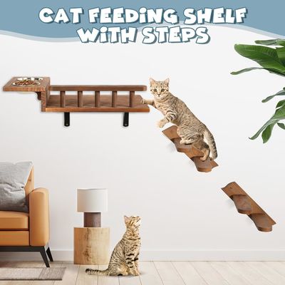 Dite addio al pavimento disordinato ripiano per gatti montato a parete con scala e 2 ciotole