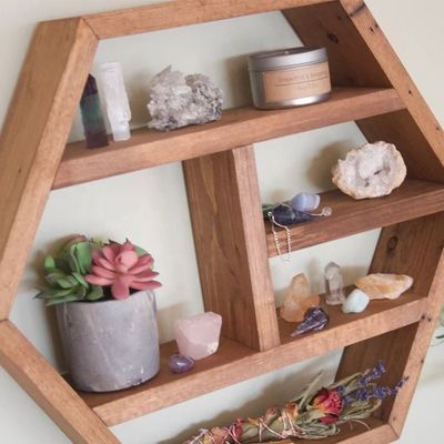 NO Ripiano di ripostiglio in legno massello vintage a più strati ripiegato con design rustico esagonale