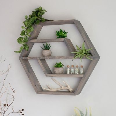 Scaffale galleggiante in legno massello esagonale Disegno moderno per camera da letto soggiorno e cucina