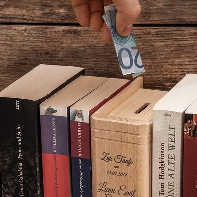 Stampa a schermo di seta/Logo bruciato Scatola di risparmio in legno per bambini in forma di libro personalizzato