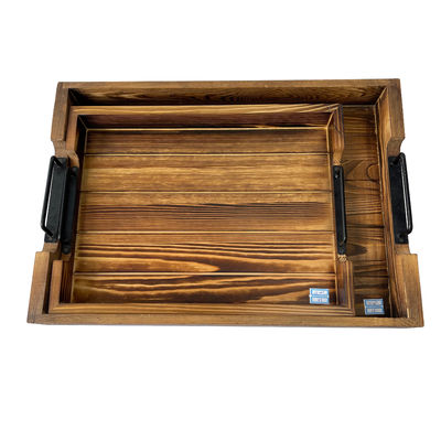 Disegni personalizzati accettati vassoio rustico rettangolare in legno con maniglie metalliche