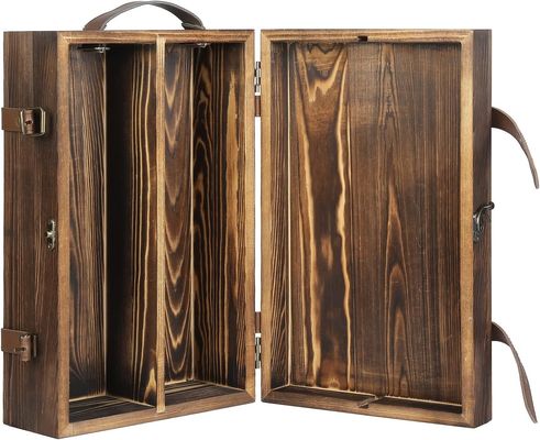 Scatola di vino a doppia bottiglia 34x20x10 cm personalizzata con coperchio chiuso e maniglia in pelle