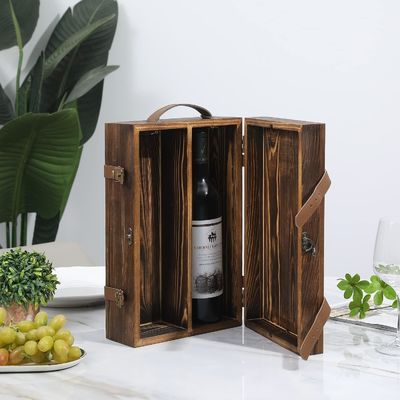 Scatola di vino a doppia bottiglia 34x20x10 cm personalizzata con coperchio chiuso e maniglia in pelle