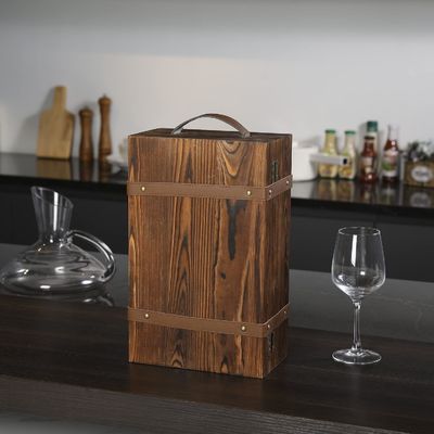 Scatola di vino a doppia bottiglia 34x20x10 cm personalizzata con coperchio chiuso e maniglia in pelle
