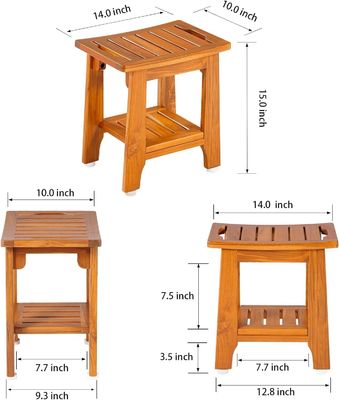 Staglio da bagno in legno di teak di colore naturale con manico e scaffale