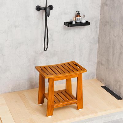 Staglio da bagno in legno di teak di colore naturale con manico e scaffale