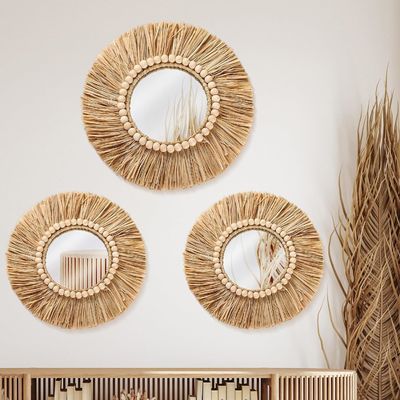 Boho Raffia Specchio Decorazione appesa a parete Rustico Cerchio rotondo Specchi Estetica agriturismo