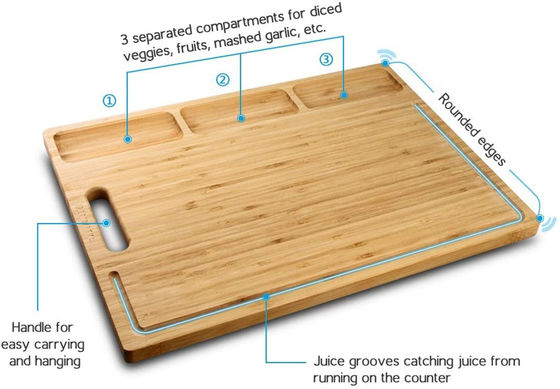 Tavola da taglio multifunzionale in bambù con 3 compartimenti e scanalature 43*32*1,8 cm