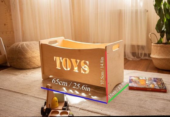 Casella organizzatrice di giocattoli in legno e vetro bruciato per mobili Montessori in sala giochi per bambini