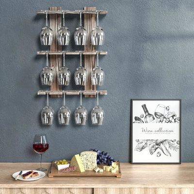 Rack per porta vetri montato a parete in legno per 12 bicchieri di vino