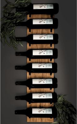 Scaffaletto per vino in legno da parete per schermo da parete supporti neri customizzato 8 bottiglie