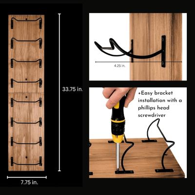 Scaffaletto per vino in legno da parete per schermo da parete supporti neri customizzato 8 bottiglie