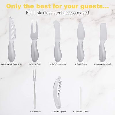 Stampa a tela di seta 19 pezzi Scaffale di formaggio in legno di acacia Tavola e set di coltelli per carne Vino formaggio