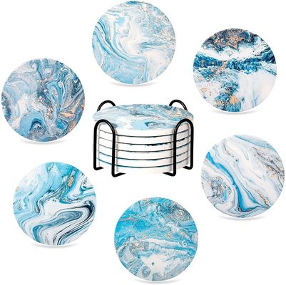 Customized Round 4'6 pcs Marmo Verniciato Assorbente Pietra Ceramica Coaster con Stand