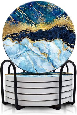 Customized Round 4'6 pcs Marmo Verniciato Assorbente Pietra Ceramica Coaster con Stand