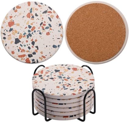 Customized Round 4'6 pcs Marmo Verniciato Assorbente Pietra Ceramica Coaster con Stand