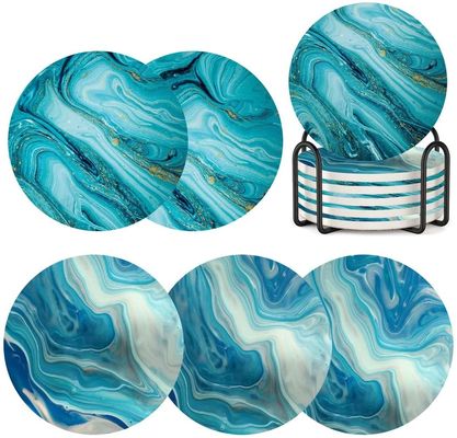 Customized Round 4'6 pcs Marmo Verniciato Assorbente Pietra Ceramica Coaster con Stand