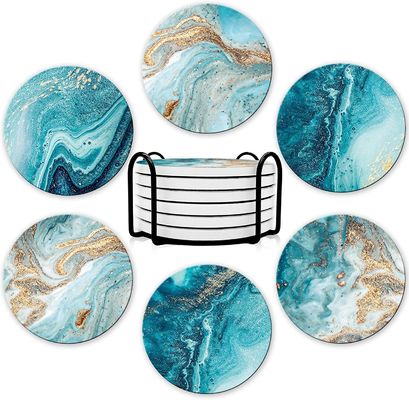 Customized Round 4'6 pcs Marmo Verniciato Assorbente Pietra Ceramica Coaster con Stand