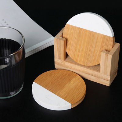 4 pollici Acacia Esagonale Geometrico Rotondo Legno E Marmo Legno Bianco Cork Coasters Plate Set