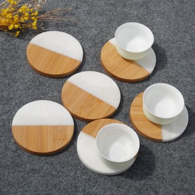 4 pollici Acacia Esagonale Geometrico Rotondo Legno E Marmo Legno Bianco Cork Coasters Plate Set