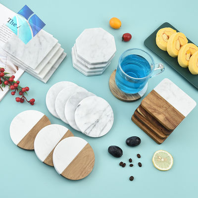 4 pollici Acacia Esagonale Geometrico Rotondo Legno E Marmo Legno Bianco Cork Coasters Plate Set