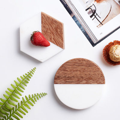 4 pollici Acacia Esagonale Geometrico Rotondo Legno E Marmo Legno Bianco Cork Coasters Plate Set