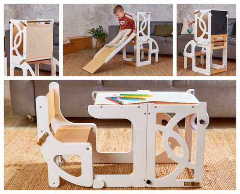 Bambini di legno cucina scaffale passo convertibile Torre Bambino Tavolo 7 in 1 Sedile e scivolo